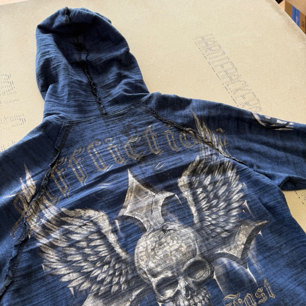 Y2K Affliction Grail Hoodie Zip Up Blue Skull Cross Wing Biker Skater Graphic